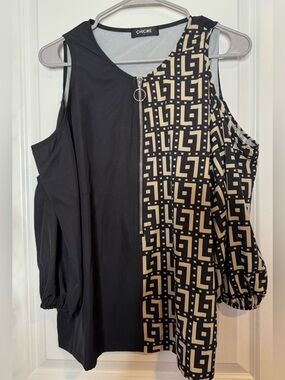 CHICME Black & Beige Geometric Zip-Front Asymmetrical Blouse size lg